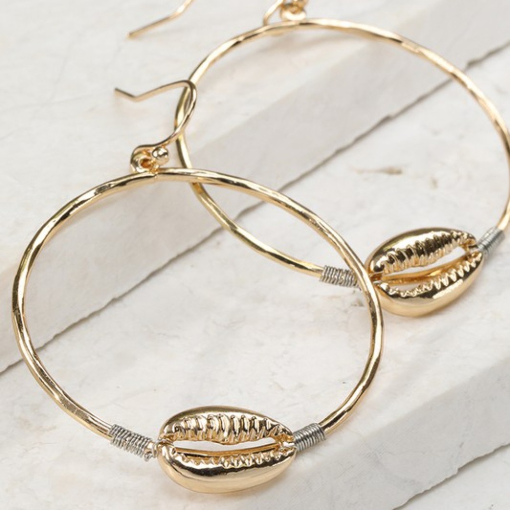 Gold Cowrie Shell Hoop Dangle Earrings